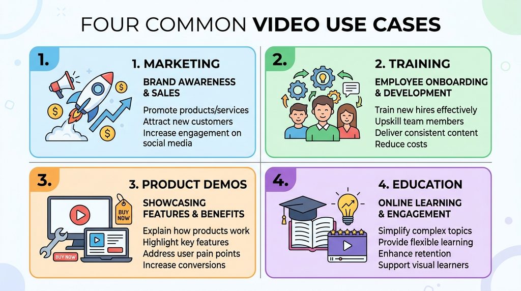 Four common AI video generator use cases including marketing, training, demos, and education