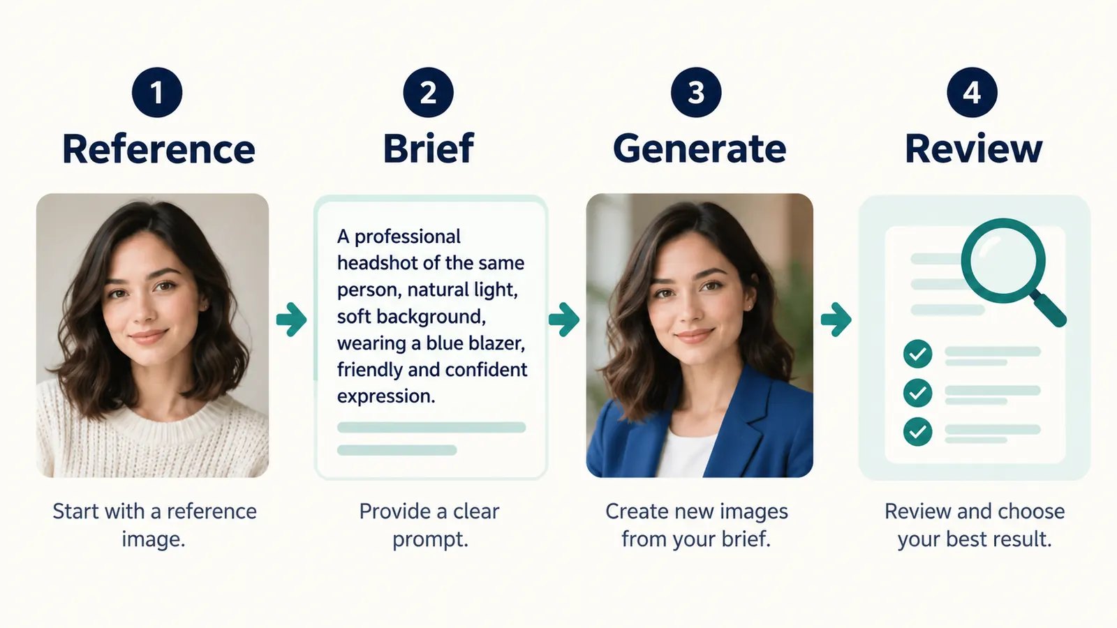Four-step process for creating and reviewing a portrait from a reference photo