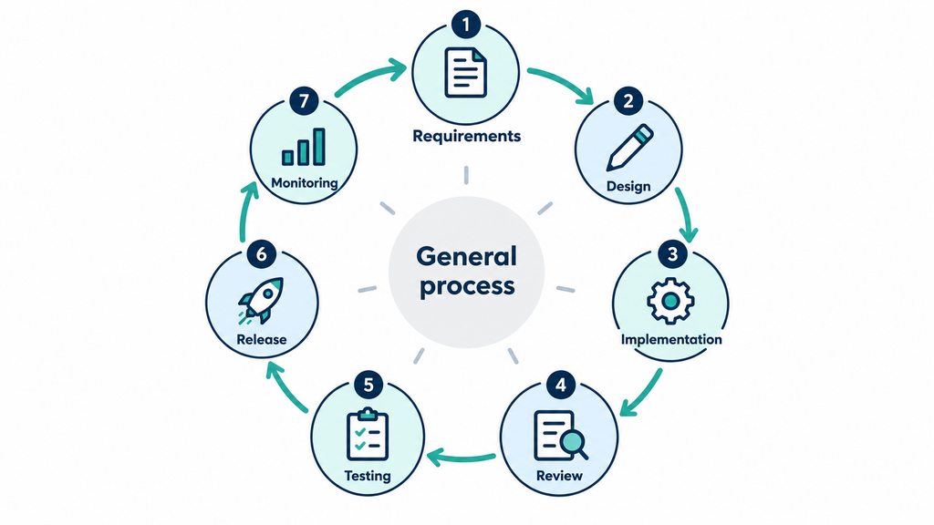 General software development process from requirements to release and monitoring