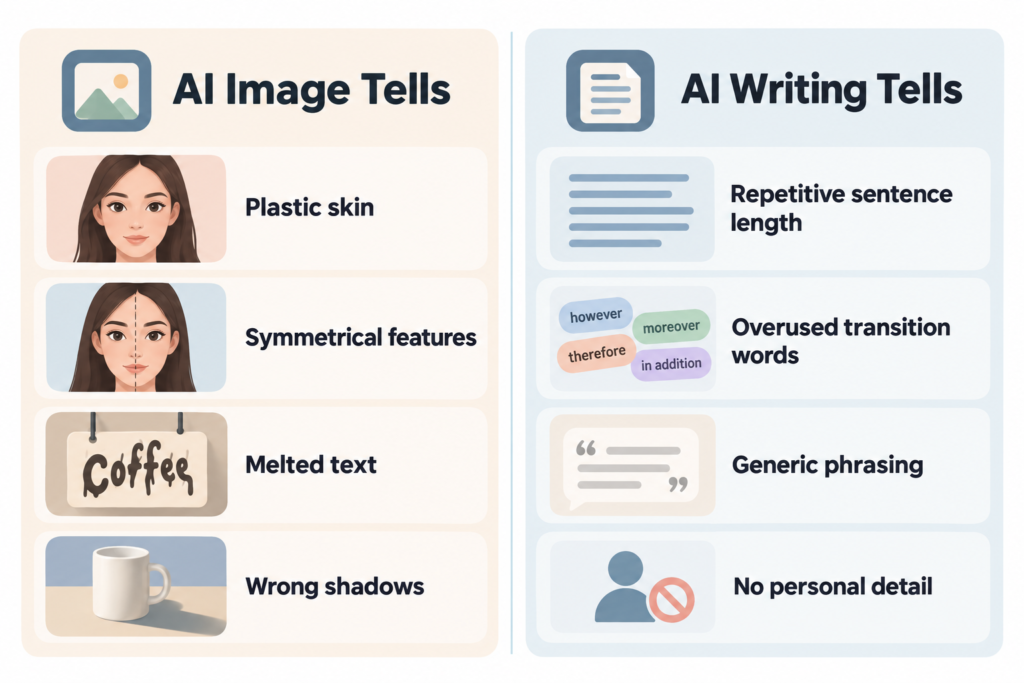 infographic comparing common signs of ai generated images and ai generated writing