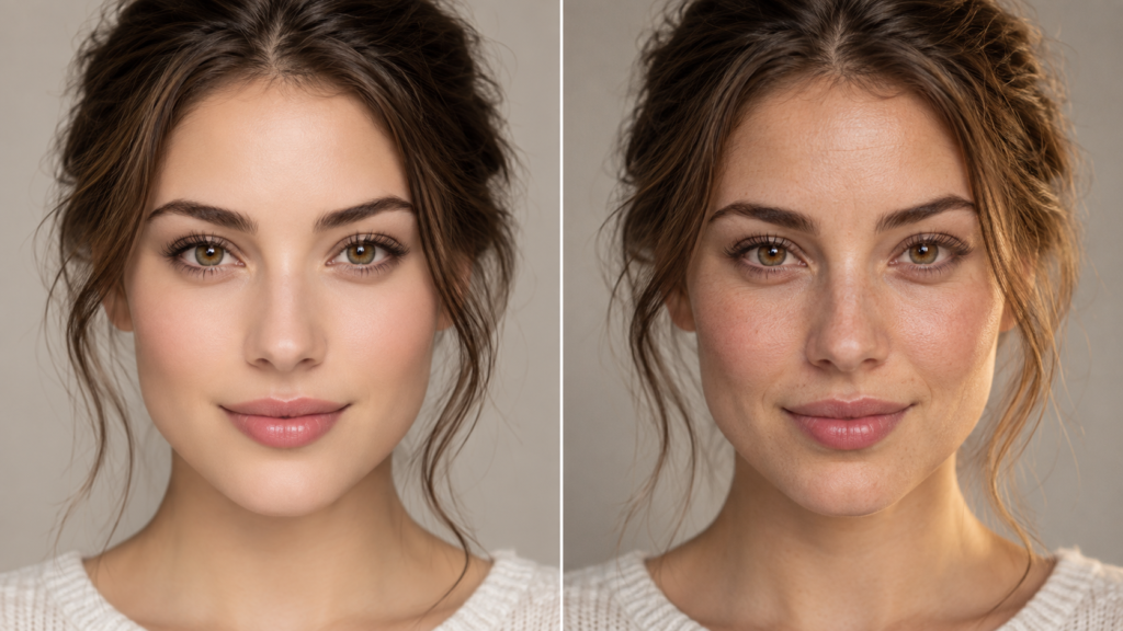 before and after example of an ai portrait edited to look more natural