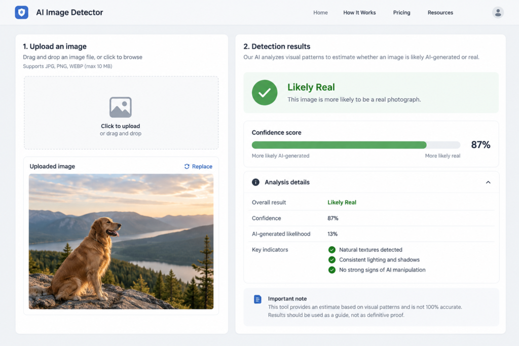 mockup of an ai image detector interface showing an upload area and a confidence score result
