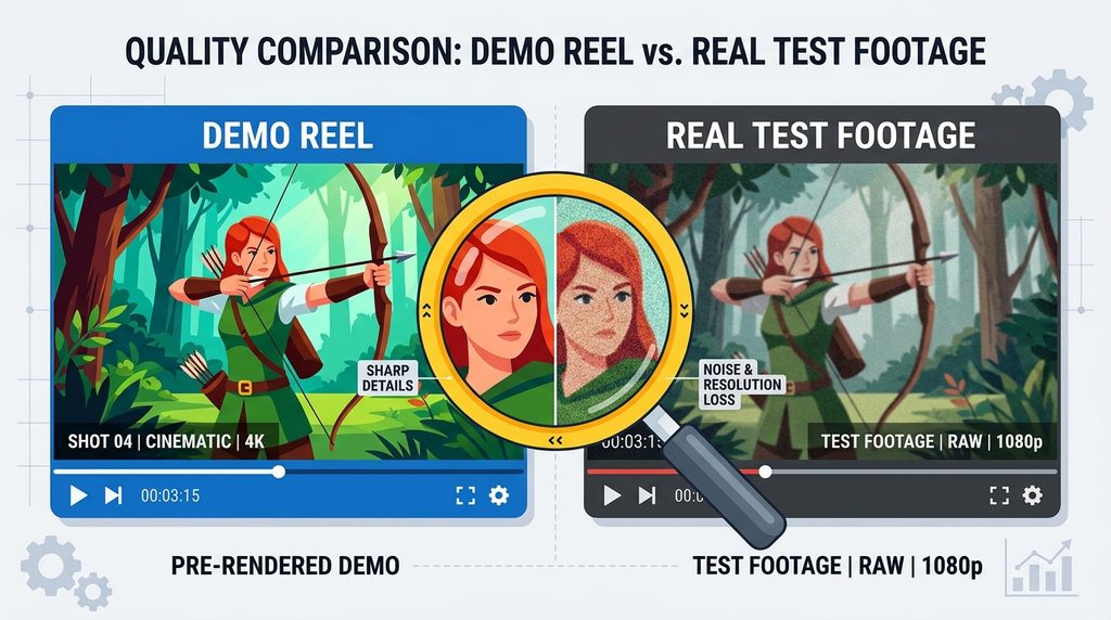 Polished demo reel versus real workflow test footage from an AI video generator